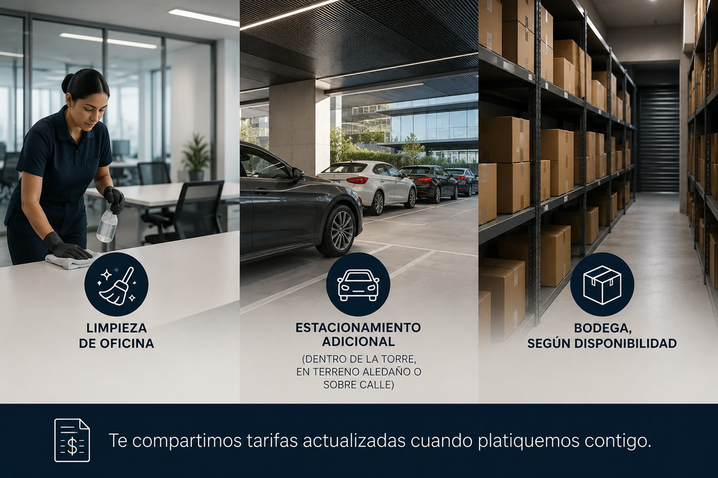 Servicios adicionales: limpieza de oficina, estacionamiento adicional y bodega